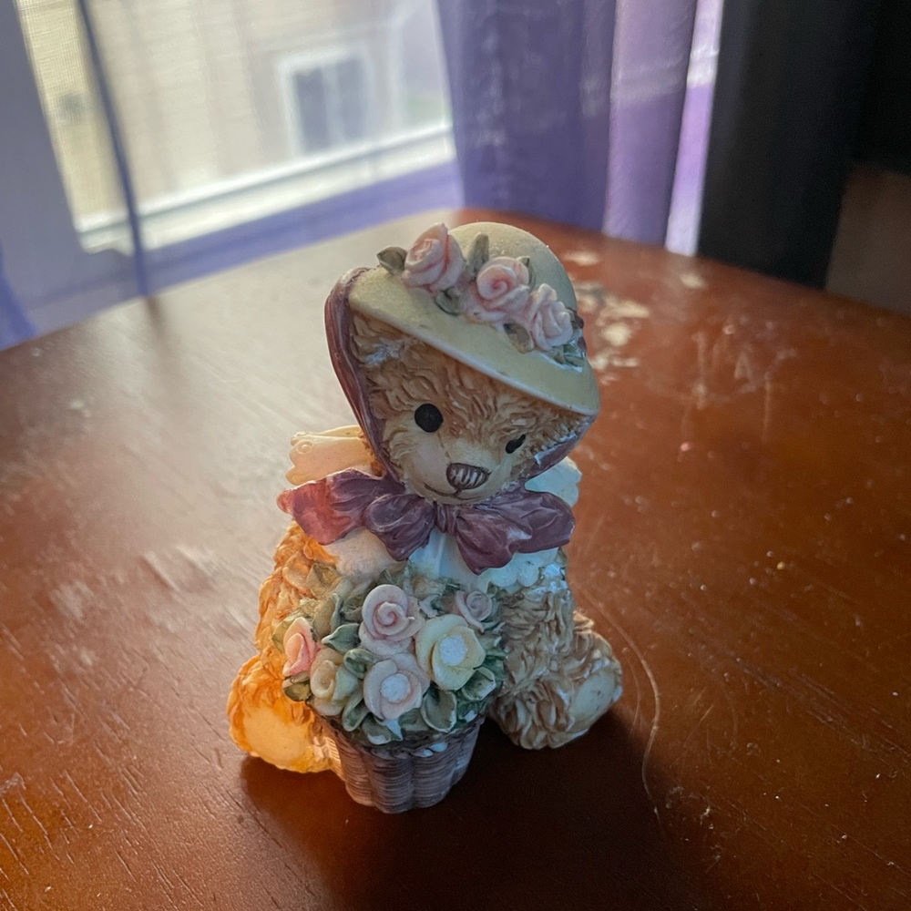 Adorable Bear Figurine with Floral Basket